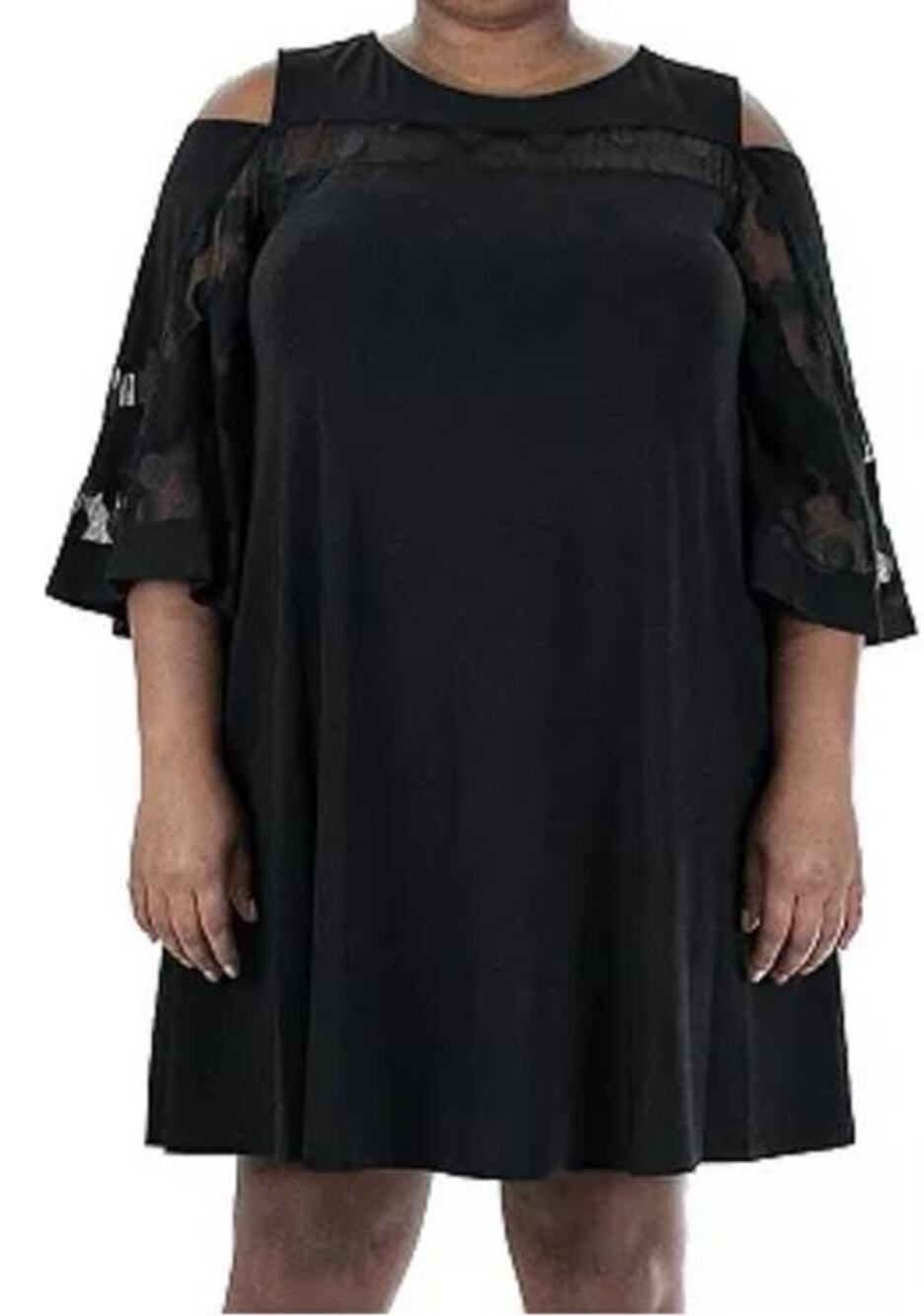 Nina Leonard dress Mesh yoke Cold shoulder swing black 1X